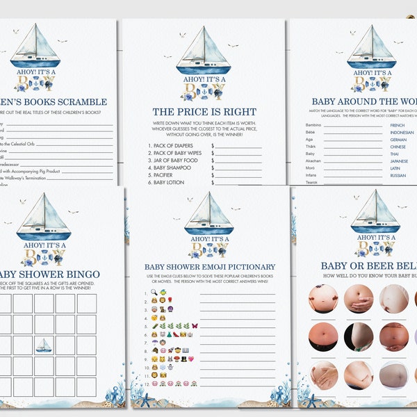 Nautical Baby Shower Game Bundle, INSTANT DOWNLOAD, Ahoy It's a Boy Bingo, The Price is Right, Emoji Quiz Fun Activity Diy PDF Printable NT2