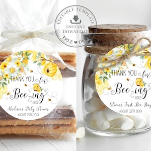BEWERKBARE SJABLOON Schattige honingbijen gele bloemen 2" cirkellabels, dank u stickers tags gunsten cupcake afdrukbare baby shower verjaardag BB1