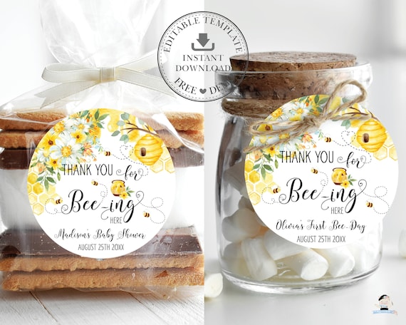 EDITABLE TEMPLATE Cute Honey Bees Yellow Floral 2" Circle Labels, Thank You Stickers Tags Favors Cupcake Printable Baby Shower Birthday BB1 Il_570xn