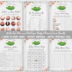 Boho Two Peas in a Pod Twins Baby Shower Game Bundle, Gender Neutral Predictions Bingo Fun Activity Diy Pdf Printable INSTANT DOWNLOAD, BP1