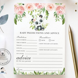 Prédictions et cartes de conseils pour bébé, TÉLÉCHARGEMENT INSTANTANÉ, Mignon Panda Ours Rose Floral Verdure Baby Shower Jeu Activité Diy PDF Imprimable, PA2
