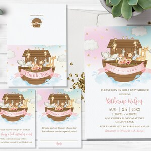 Noah&#39;s Ark Baby Shower Invitation Bundle, EDITABLE TEMPLATE, Thank You, Diaper Raffle, Books for Baby, Rainbow Pink, INSTANT Download, NA2