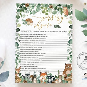 Nursery Rhyme Quiz, INSTANT DOWNLOAD, Guess Song Woodland Animals Forest Greenery Baby Shower Game Card Activity Diy PDF Printable, WG17 image 1