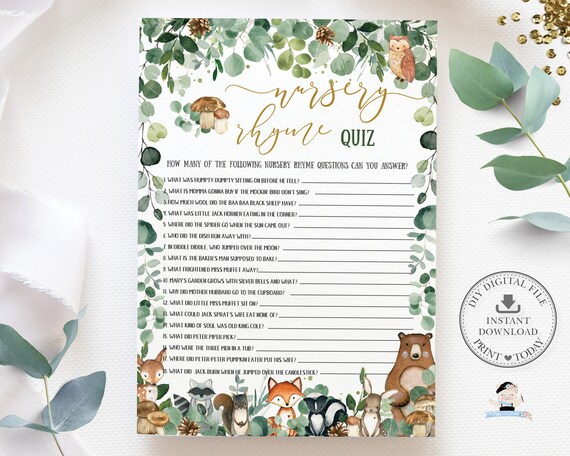 Nursery Rhyme Quiz, INSTANT DOWNLOAD, Guess Song Woodland Animals Forest Greenery Baby Shower Game Card Activity Diy PDF Printable, WG17 Il_570xn
