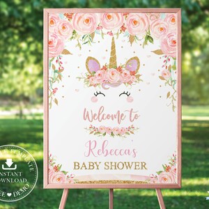 Unicorn Welcome Sign, EDITABLE TEMPLATE, Pink Floral 1st Birthday Girl ...