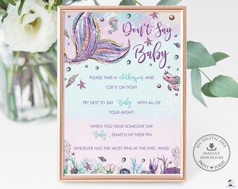 Mermaid Don't Say Baby Game Sign Mermaid Tail Baby Shower Clothespin Activity Girl Chic Purple Under the Sea Printable INSTANT DOWNLOAD, MT2