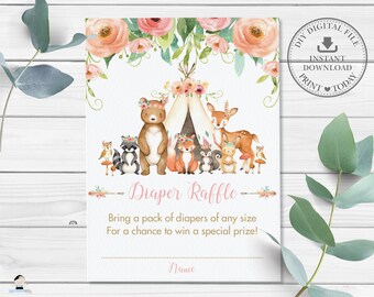 Floral Woodland Animals Diaper Raffle Card, INSTANT DOWNLOAD, Chic Boho Tribal Girl Baby Shower, Pdf Diy Diaper Insert Ticket Printable, WG5
