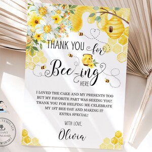 Bedankt voor de Bee-ing Here Card, BEWERKBARE SJABLOON, INSTANT Download, Honey Cute Bee Bees Yellow Floral 1e eerste verjaardag Baby Shower, BB1