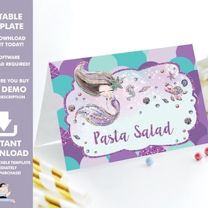 PLANTILLA EDITABLE Carpas de Comida de Sirena, Etiquetas de Alimentos, Tarjetas de Lugar, 1er Cumpleaños, Baby Shower Imprimible, Bajo el Mar, Piscina, Archivo INSTANTÁNEO, MT2