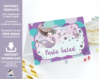May include: Purple and teal printable food label with a mermaid illustration and the text "Pasta Salad".