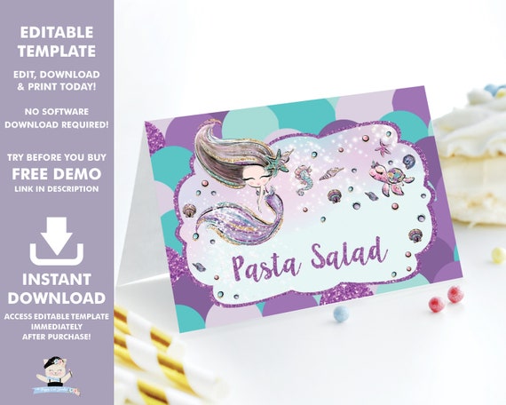 EDITABLE TEMPLATE Mermaid Food Tents, Food Labels, Place Cards, 1st Birthday, Baby Shower Printable, Under the Sea, Pool, INSTANT File, MT2 Il_570xn