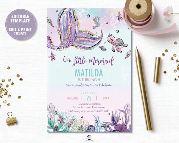 Mermaid Invitation, Mermaid Invitation Instant Download, Little Mermaid Printable, Under the Sea Invite, Ocean Diy PDF EDITABLE TEMPLATE MT2 Il_570xn