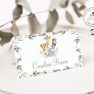 Cartão de lugar de animais da selva EDITÁVEL, vegetação, nome do convidado, tenda, elefante dobrado, 1º aniversário, chá de bebê, batismo, arquivos para impressão JA4