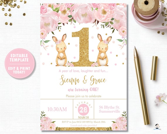 Twins Bunny Invitation, Rabbit Invitation INSTANT Download, Twin Girls Bunny Printable, 1st Birthday Invite, Diy Pdf EDITABLE TEMPLATE, CB6 Il_570xn