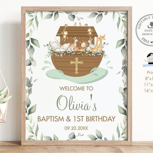 Noah&#39;s Ark Welcome Sign, EDITABLE TEMPLATE, Chic Greenery Noahs Ark Cute Animals Baptism Birthday Poster Decoration Pdf INSTANT Download NA1
