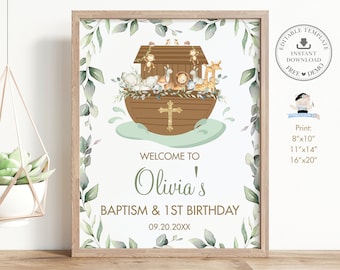 Noah's Ark Welcome Sign, EDITABLE TEMPLATE, Chic Greenery Noahs Ark Cute Animals Baptism Birthday Poster Decoration Pdf INSTANT Download NA1
