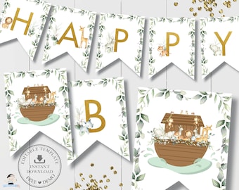 Noah's Ark Flag Banner, EDITABLE TEMPLATE, Chic Greenery Twin Animals Bunting Baby Shower Birthday Decor Printable Pdf, INSTANT Download NA1