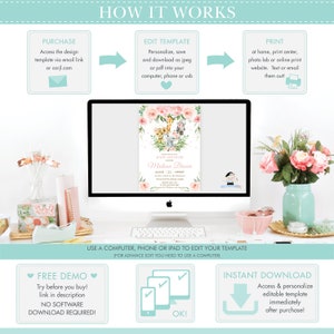 May include: A computer screen shows a baby shower invitation with floral and animal illustrations. The image includes text that says "Baby Shower" and "Madison Brown". The image also shows the steps to purchase, edit, and print the template.