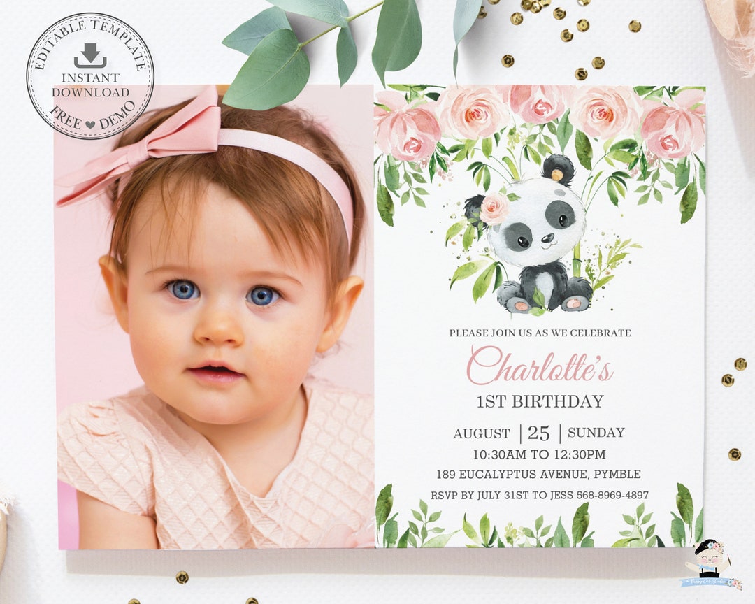 Cute Panda Birthday Photo Invitation, EDITABLE TEMPLATE, Pink Floral ...