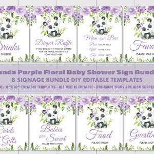 Bundle de plaques de verdure en bambou floral violet panda MODÈLE MODIFIABLE Oursons Baby Shower anniversaire enseigne imprimable téléchargement immédiat PA3