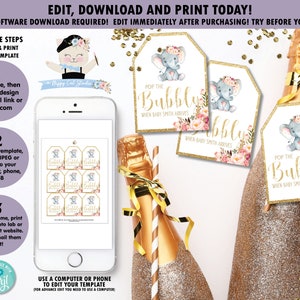EDITABLE Elephant Baby Shower Champagne Tags, Printable Baby Shower Champagne Bottle Tag Template, Bubbly, Girl Baby Shower, Favor, EF1