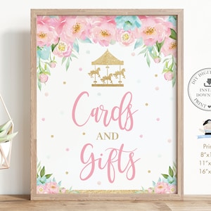 Karten und Geschenke Schild, SOFORTIGER DOWNLOAD, Pink Mint Blumen Karussell Merry Go Round 1. Geburtstag Baby Shower Dekoration Diy PDF Printable, CR2