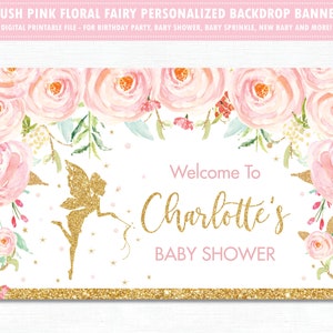 Fairy Backdrop Banner, Blush Pink Floral Fairy 1st Birthday Back Drop Decor, Gold Glitter Baby Shower Backdrop Printable Digital PDF FF1 image 4