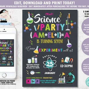 May include: A printable science party invitation with a chalkboard background. The invitation features colorful text that says "Mad Science Party" and "(AM+EL+I)=A^2 is turning seven!" The invitation also includes a beaker, a microscope, and a magnet. The text "Come Experiment with us!" is written in a colorful font. The date and time of the party are listed as "Saturday, January 25th, 12:30PM".