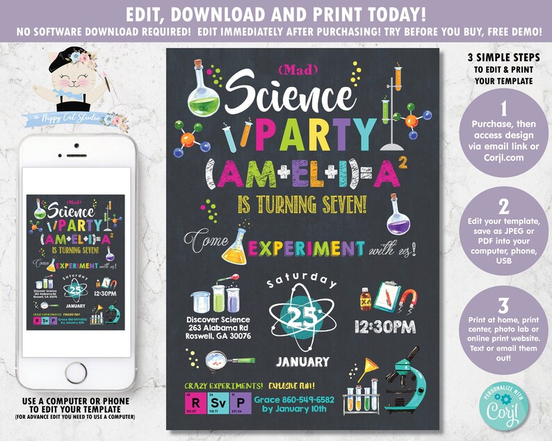 May include: A printable science party invitation with a chalkboard background. The invitation features colorful text that says "Mad Science Party" and "(AM+EL+I)=A^2 is turning seven!" The invitation also includes a beaker, a microscope, and a magnet. The text "Come Experiment with us!" is written in a colorful font. The date and time of the party are listed as "Saturday, January 25th, 12:30PM".