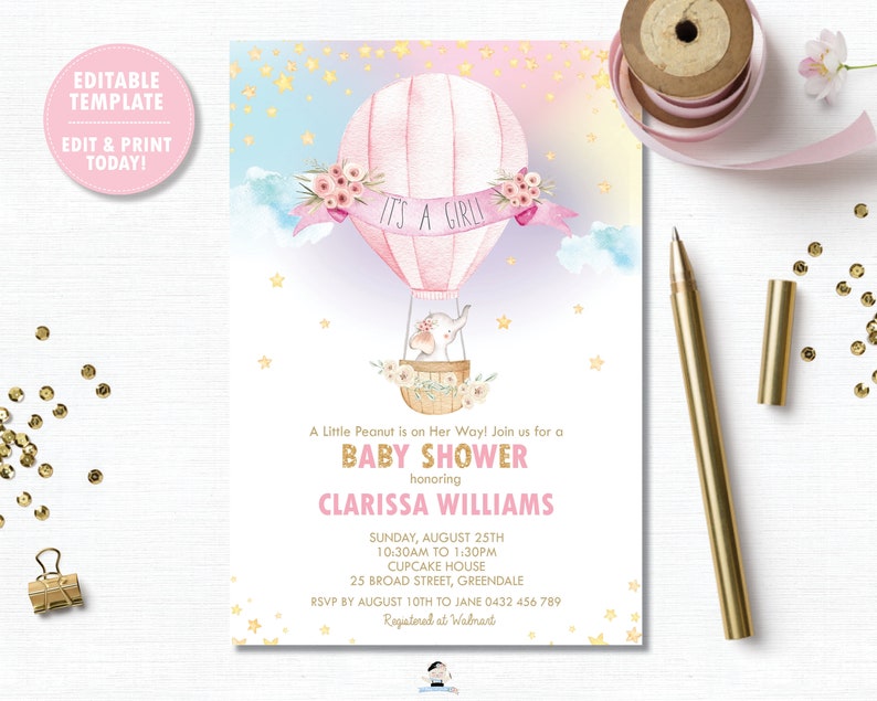 Hot Air Balloon Invitation, Elephant Hot Air Balloon Baby Girl Shower Invite, Elephant Printable, Diy Pdf INSTANT EDITABLE TEMPLATE, HB6 image 1