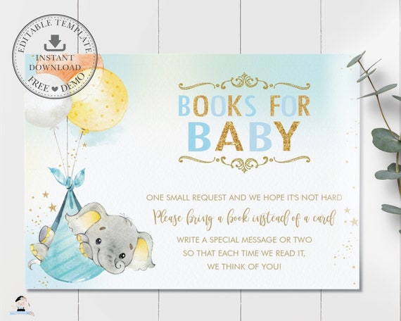 Elephant Bring a Book Instead of a Card, EDITABLE TEMPLATE, Chic Baby Boy Balloons Virtual Insert, Blue Gold, Diy Pdf, INSTANT Download, EP3 Il_570xn