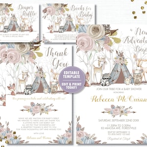 EDITABLE TEMPLATE Woodland Animals Baby Shower Invitation Bundle Set, Diaper Raffle, Bring a Book, Thank You, Tribal, Floral Printable, WA1