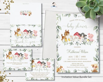 Farm Animals Greenery Baby Shower Invitation Bundle, EDITABLE TEMPLATE, Cute Barnyard Thank You, Diaper Raffle, Books for Baby, INSTANT, BY5