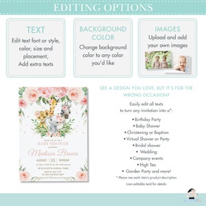 May include: A pink and green baby shower invitation with a watercolour illustration of a giraffe, lion, elephant, and zebra. The text reads "Please join us for a Baby Shower honouring Madison Brown August 25 Sunday at four o'clock in the afternoon 189 Eucalyptus Avenue, Pymble RSVP by July 31st to Jess 568-896-4897 Registered at Walmart and Amazon"