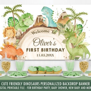 May include: A digital printable backdrop banner for a first birthday party. The banner features a watercolor illustration of dinosaurs, palm trees, and a wooden log with the text "Welcome to Oliver's First Birthday 11.03.20XX".