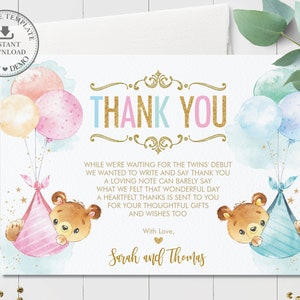 Twins Baby Bears Baby Shower Thank You, INSTANT Download, Whimsical Cute Teddy Bear Twin Boy Girl Balloons, Diy Pdf EDITABLE TEMPLATE, TB5