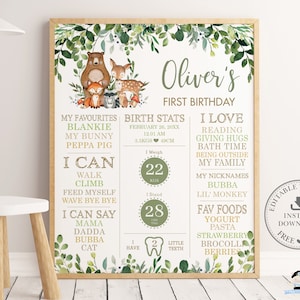 Woodland Animals 1er cumpleaños hito signo, PLANTILLA EDITABLE, Rustic Chic Greenery Forest Boy Birth Stats Decor Pdf INSTANT Download, WG7