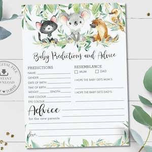 Baby Predictions and Advice Card, INSTANT DOWNLOAD, Greenery Australia Animals Neutral Baby Shower Game Activity, Diy PDF Printable, AU1