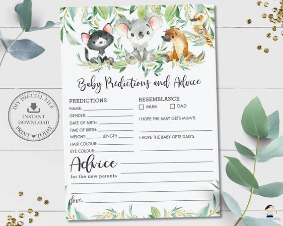 Baby Predictions and Advice Card, INSTANT DOWNLOAD, Greenery Australia Animals Neutral Baby Shower Game Activity, Diy PDF Printable, AU1 Il_570xn