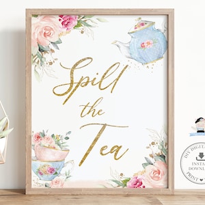 Signe Renverser le thé, TÉLÉCHARGEMENT IMMÉDIAT, tasses à thé vintage théière rose blush floral high tea party baby shower anniversaire bricolage PDF imprimable, TP5