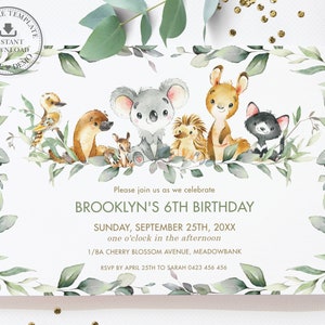 Invitation d'anniversaire d'animaux australiens de verdure, MODÈLE MODIFIABLE 1ère partie Koala mignon inviter genre neutre garçon fille imprimable Pdf, AU5