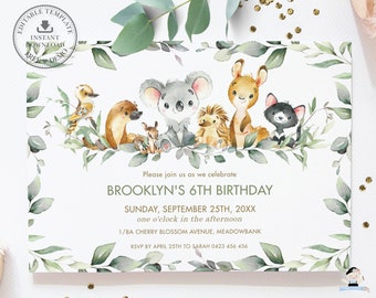 May include: A white invitation with a green leafy border. The invitation features a watercolor illustration of a koala, a kangaroo, a echidna, a kookaburra, and a black cat. The text reads "Please join us as we celebrate Brooklyn's 6th Birthday. Sunday, September 25th, 20XX one o'clock in the afternoon. 1/8A Cherry Blossom Avenue, Meadowbank. RSVP by April 25th to Sarah 0423 456 456."