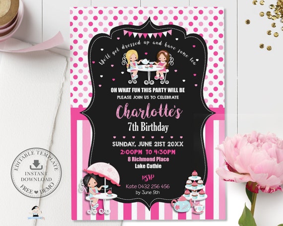 Tea Party Invitation, EDITABLE TEMPLATE, High Tea Cupcake Girls Birthday Party Invite Printable, Hot Pink Polka Dots Cute, INSTANT Download Il_570xn