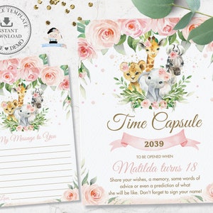Dschungel Tiere Zeitkapsel Zeichen Nachricht Karte, EDITIERBARE VORLAGE, erste 1. Geburtstag Aktivität, Safari Pink Floral druckbare Datei INSTANT JA6