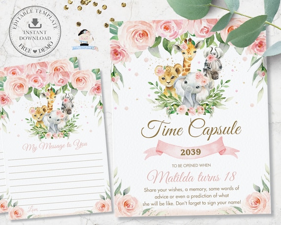 Jungle Animals Time Capsule Sign Message Card, EDITABLE TEMPLATE, First 1st Birthday Activity, Safari Pink Floral Printable File INSTANT JA6 Il_570xn
