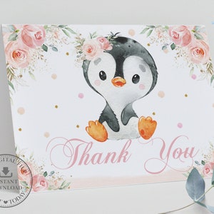 Pinguim fofo pastel macio blush rosa floral menina chá de bebê barraca dobrada de aniversário cartão de agradecimento animais antárticos download para impressão PN1