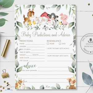 Baby Predictions and Advice Card, INSTANT DOWNLOAD, Greenery Farm Animals Barnyard Neutral Baby Shower Game Activity, Diy PDF Imprimible, BY5