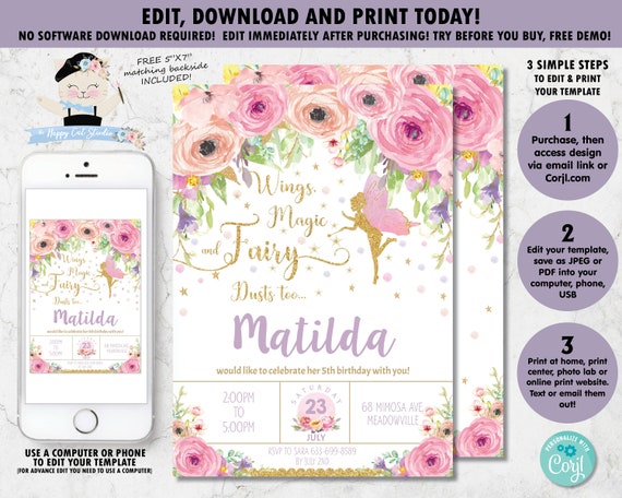 EDITABLE TEMPLATE, Fairy Birthday Invitation, Whimsical Fairy Party, Enchanted Pixie, Pink Floral, Fairy Printable, Magical Fairy, FF3 Il_570xn