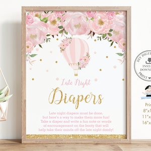 Late Night Diapers Sign, INSTANT DOWNLOAD, Gold and Pink Blush Floral Hot Air Balloon Baby Shower Fun Game Activity, Diy PDF Printable, HB2