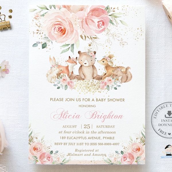 Whimsical Chic Blush Pink Floral Woodland Animals Baby Shower Invitation Printable, EDITABLE TEMPLATE, Cute Deer Bear Fox Rabbit Flower WG19